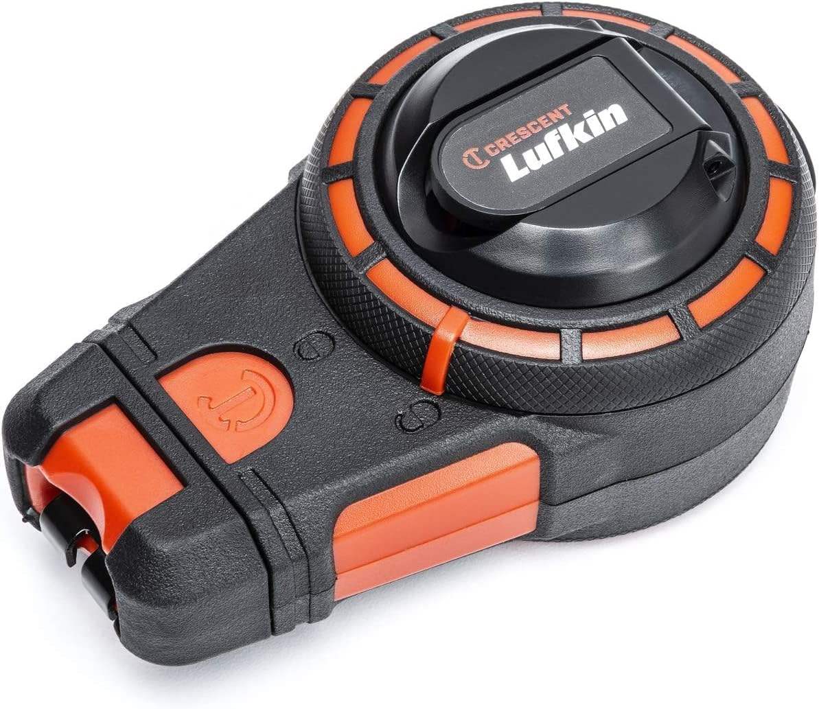 Close-up perspective of the Crescent Lufkin contractor chalk reel showcasing the ergonomic textured grip and the integrated hub lock for one-handed operation.