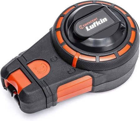 Close-up perspective of the Crescent Lufkin contractor chalk reel showcasing the ergonomic textured grip and the integrated hub lock for one-handed operation.