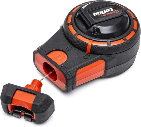 Detailed view of the Crescent Lufkin chalk reel with the nesting end hook extended, illustrating the braided line designed for precise layout marking.