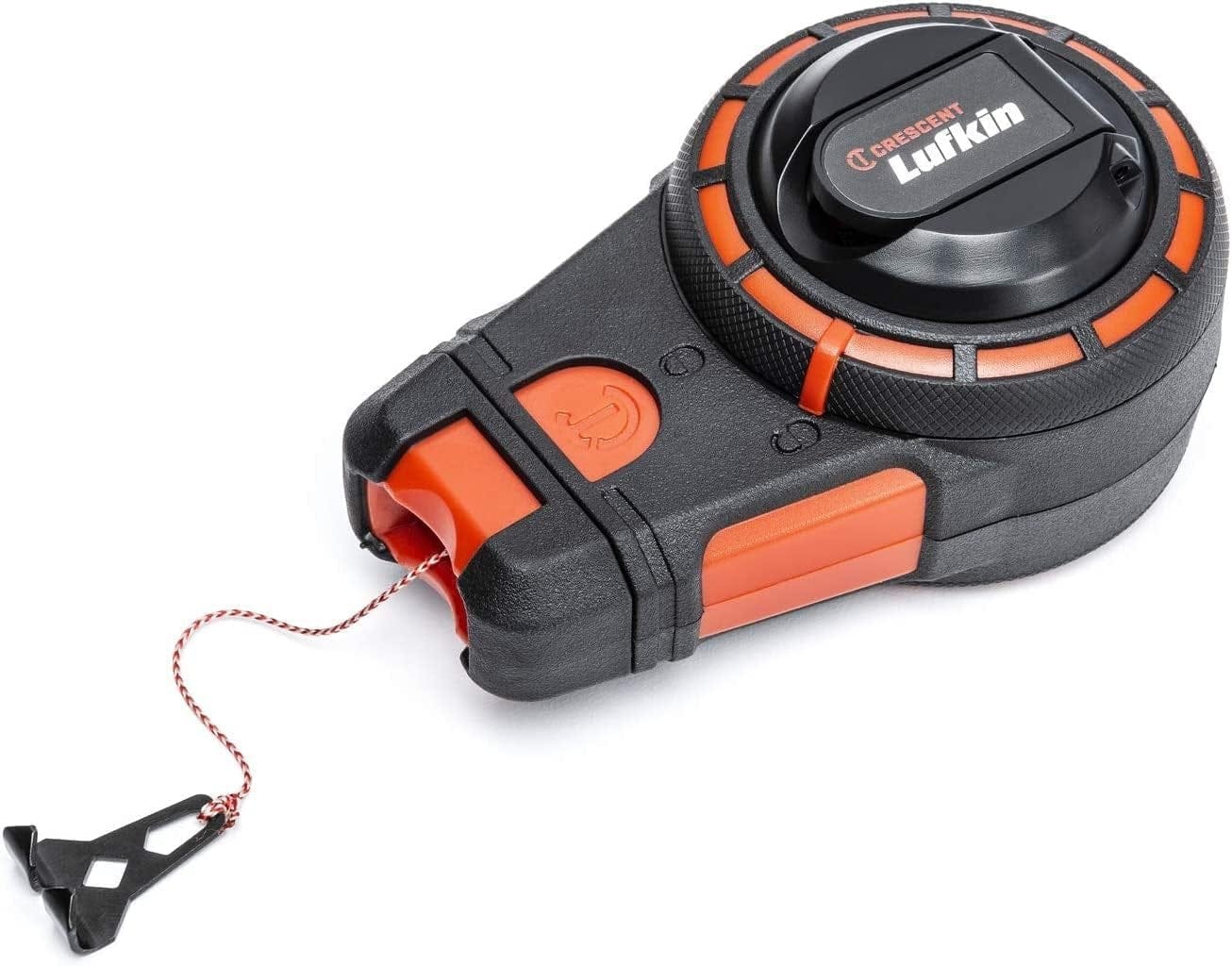 Crescent Lufkin CL100B 100-foot chalk reel with the braided string and metal end hook partially deployed, highlighting its readiness for professional marking tasks.