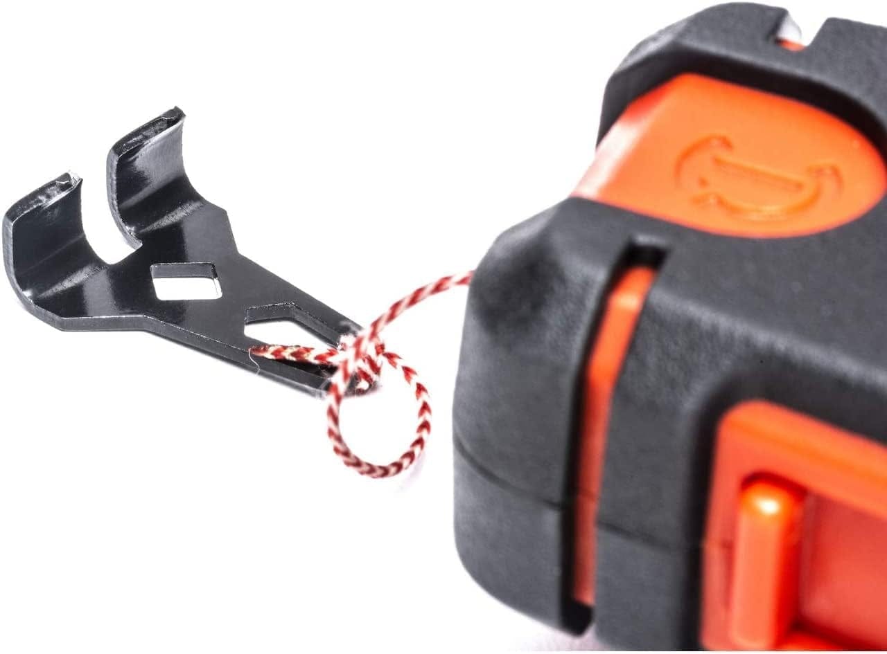 Macro view of the heavy-duty metal end hook and braided nylon line on the Crescent Lufkin contractor chalk reel, optimized for superior chalk retention.