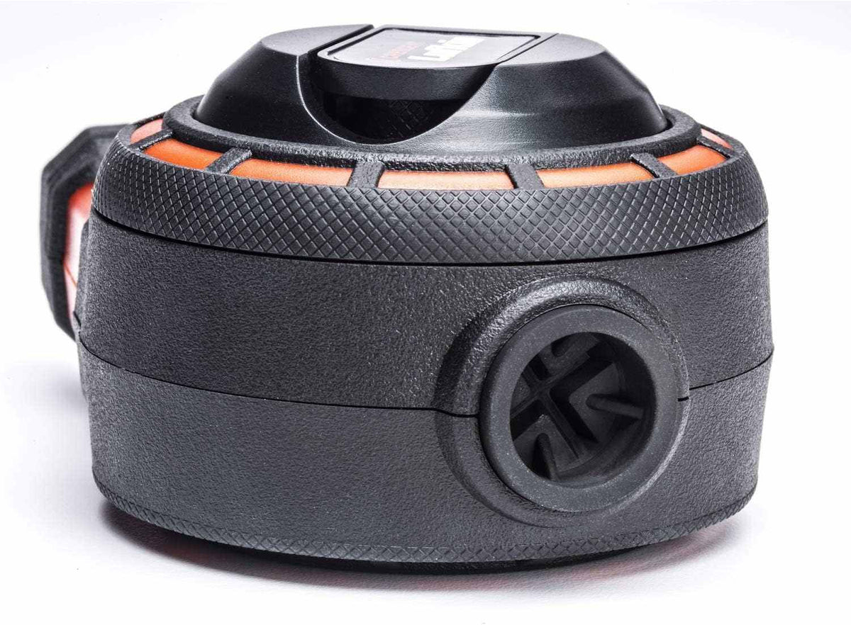 Side view of the Crescent Lufkin chalk reel housing focusing on the circular one-way refill valve port that allows for mess-free chalk loading.