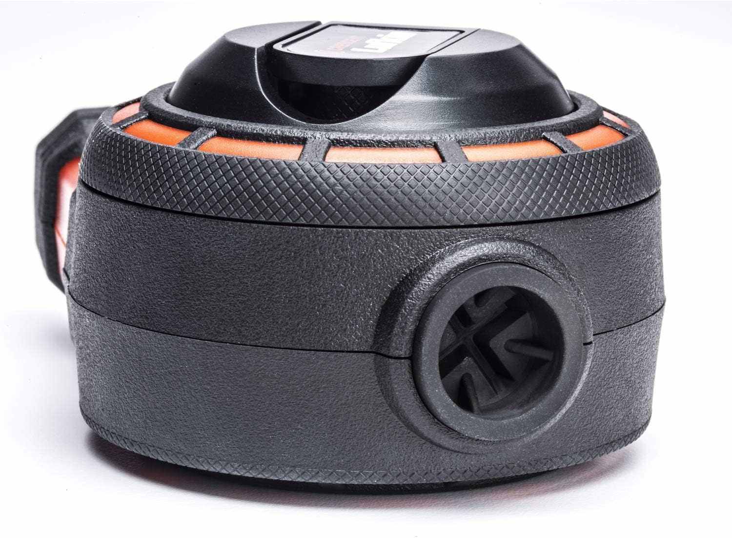 Side view of the Crescent Lufkin chalk reel housing focusing on the circular one-way refill valve port that allows for mess-free chalk loading.