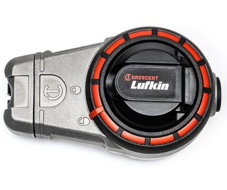 A top-down studio shot of the Crescent Lufkin chalk reel, model CLA100B, showing its aluminum body, orange and black hub, and the folded-in rewind handle.