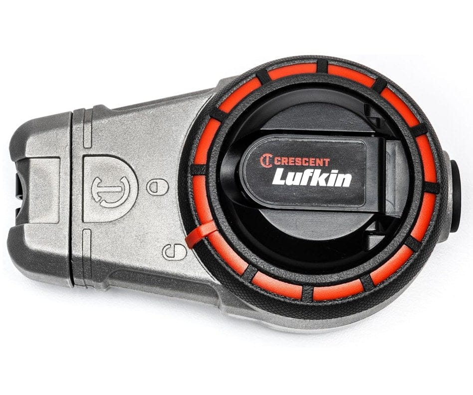 A top-down studio shot of the Crescent Lufkin chalk reel, model CLA100B, showing its aluminum body, orange and black hub, and the folded-in rewind handle.