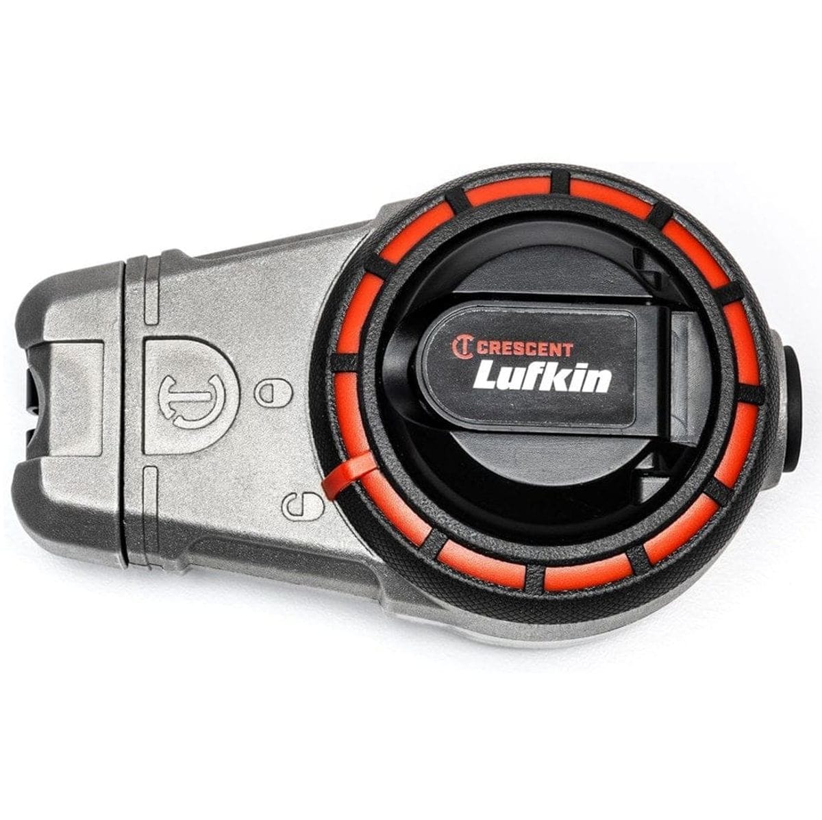 A top-down studio shot of the Crescent Lufkin chalk reel, model CLA100B, showing its aluminum body, orange and black hub, and the folded-in rewind handle.