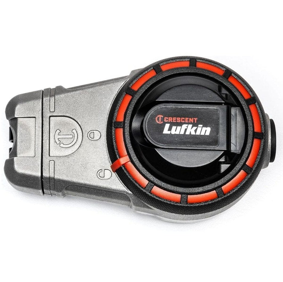 A top-down studio shot of the Crescent Lufkin chalk reel, model CLA100B, showing its aluminum body, orange and black hub, and the folded-in rewind handle.