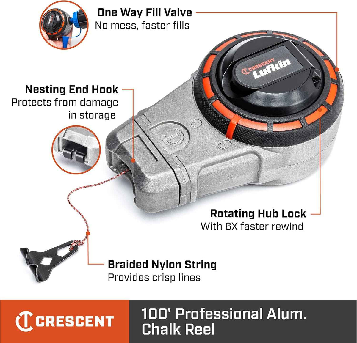 An informational graphic of the Crescent Lufkin 100-foot chalk reel, with callouts pointing to key features: "One Way Fill Valve," "Nesting End Hook," "Rotating Hub Lock," and "Braided Nylon String."