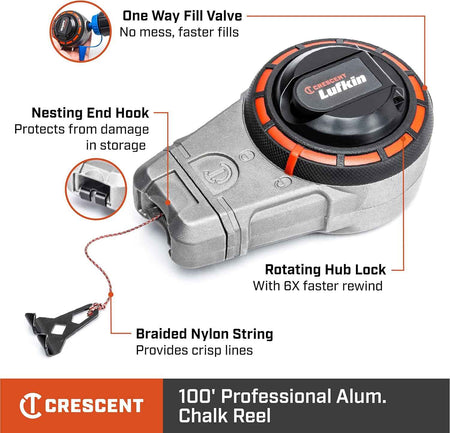 An informational graphic of the Crescent Lufkin 100-foot chalk reel, with callouts pointing to key features: "One Way Fill Valve," "Nesting End Hook," "Rotating Hub Lock," and "Braided Nylon String."