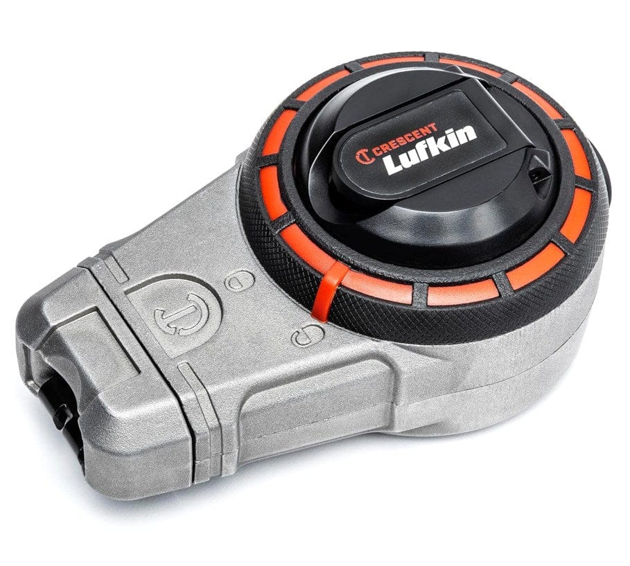 A three-quarter studio shot of the Crescent Lufkin chalk reel, model CLA100B, with the end hook nested in its storage port.