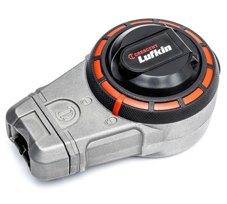 A three-quarter studio shot of the Crescent Lufkin chalk reel, model CLA100B, with the end hook nested in its storage port.