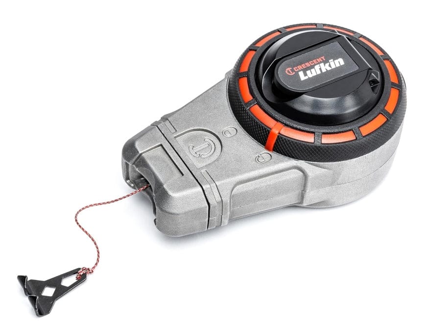 A three-quarter studio shot of the Crescent Lufkin chalk reel, model CLA100B, with the rewind handle folded in and the braided line and end hook extended.