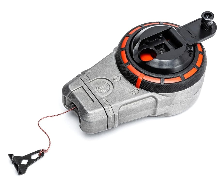 A studio shot of the Crescent Lufkin chalk reel, model CLA100B, with its 6:1 gear ratio rewind handle extended.