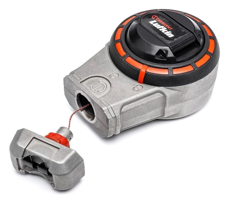 A high-angle studio shot of the Crescent Lufkin chalk reel, model CLA100B, with its line and large end hook extended.