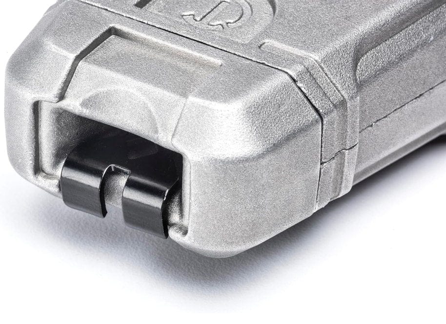 A close-up of the front of the Crescent Lufkin chalk reel, showing the nesting end hook partially recessed into its storage port.