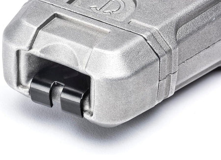 A close-up of the front of the Crescent Lufkin chalk reel, showing the nesting end hook partially recessed into its storage port.