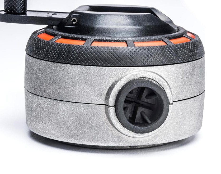 A close-up of the back of the Crescent Lufkin chalk reel, showing the one-way fill valve, which is designed for mess-free refills.