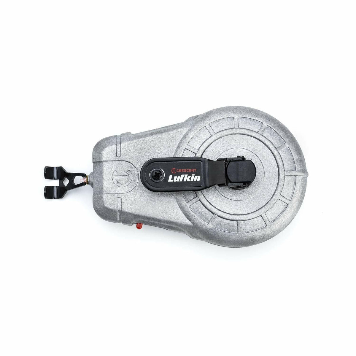 A top-down studio shot of the Crescent Lufkin CLA100A chalk reel, showing its cast aluminum body, folded handle, and the end hook docked in its storage port.