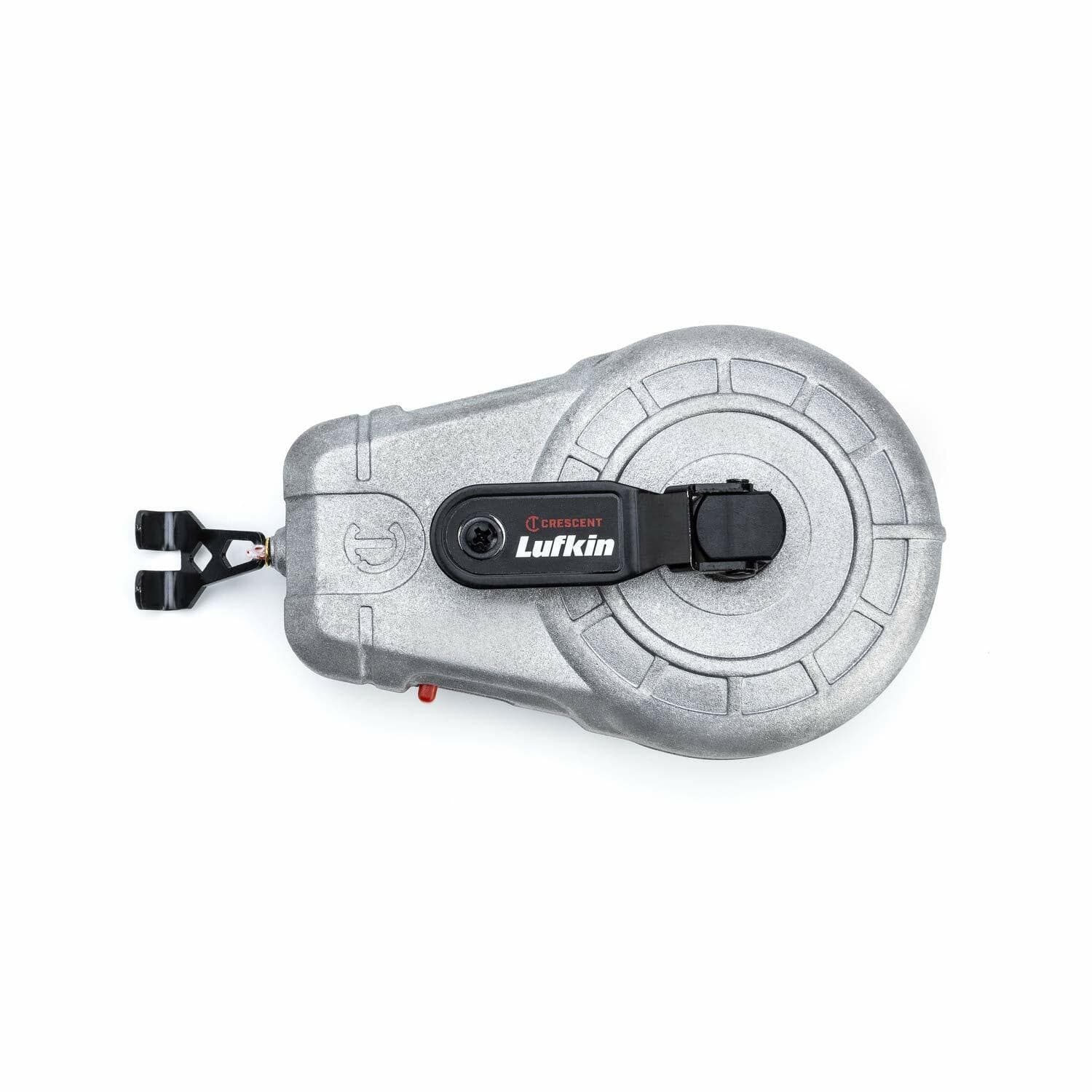 A top-down studio shot of the Crescent Lufkin CLA100A chalk reel, showing its cast aluminum body, folded handle, and the end hook docked in its storage port.