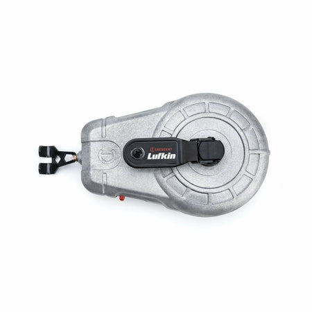 A top-down studio shot of the Crescent Lufkin CLA100A chalk reel, showing its cast aluminum body, folded handle, and the end hook docked in its storage port.