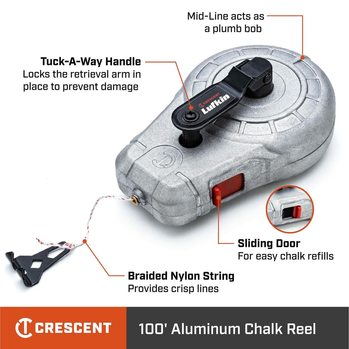 An informational graphic of the Crescent Lufkin CLA100A chalk reel with callouts pointing to key features: "Tuck-A-Way Handle," "Braided Nylon String," "Mid-Line acts as a plumb bob," and "Sliding Door."