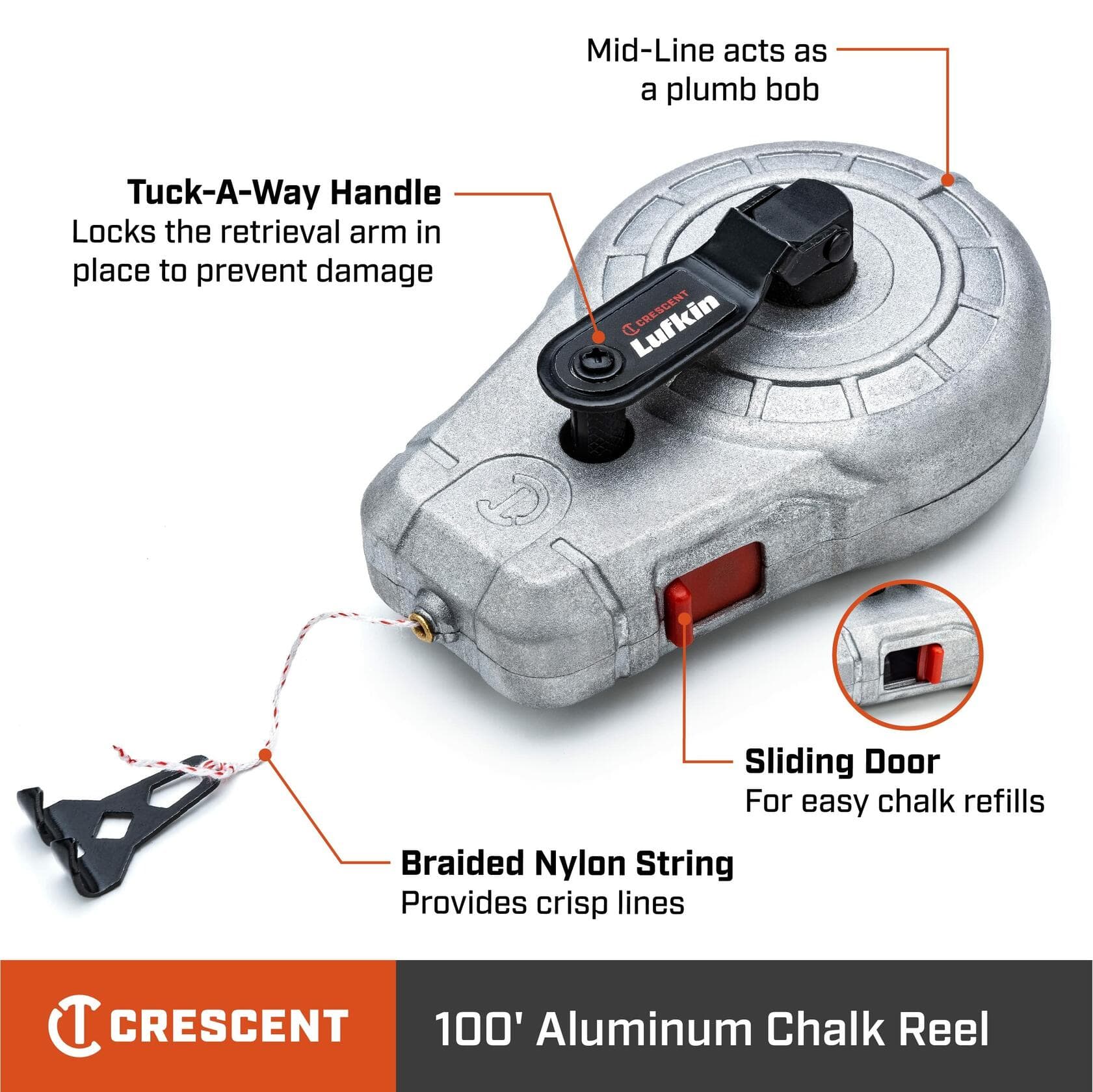 An informational graphic of the Crescent Lufkin CLA100A chalk reel with callouts pointing to key features: "Tuck-A-Way Handle," "Braided Nylon String," "Mid-Line acts as a plumb bob," and "Sliding Door."