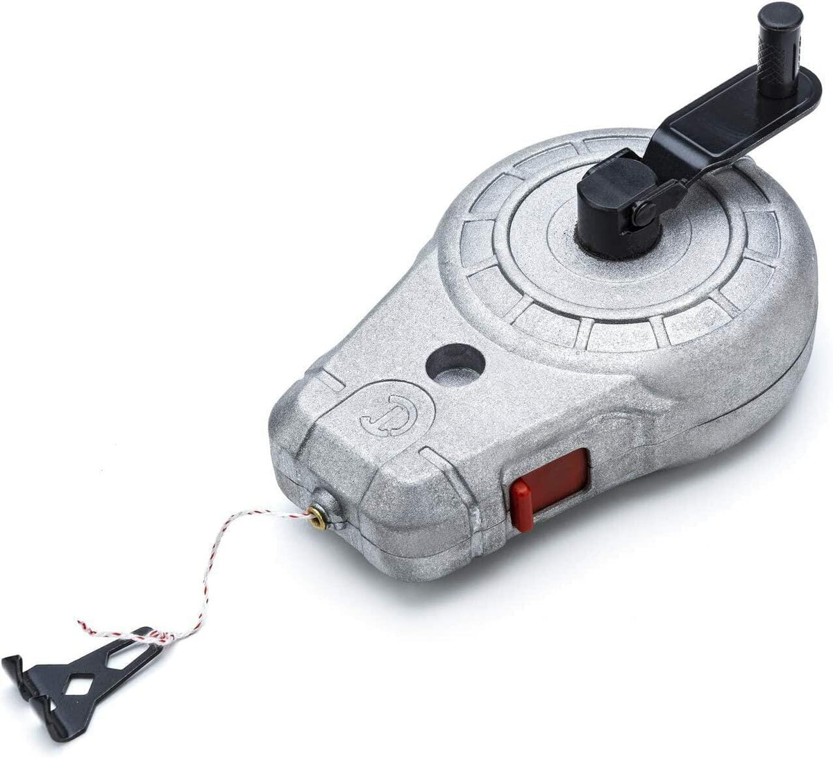 A high-angle studio shot of the Crescent Lufkin CLA100A chalk reel with its rewind handle extended and the braided line with end hook deployed.