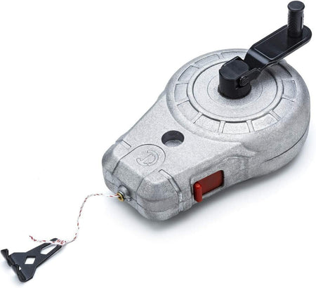 A high-angle studio shot of the Crescent Lufkin CLA100A chalk reel with its rewind handle extended and the braided line with end hook deployed.