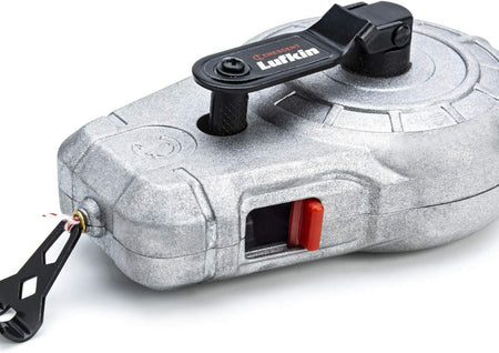 A detailed close-up of the Crescent Lufkin CLA100A chalk reel, showing the red sliding door for chalk refills and the rewind handle in the extended position.