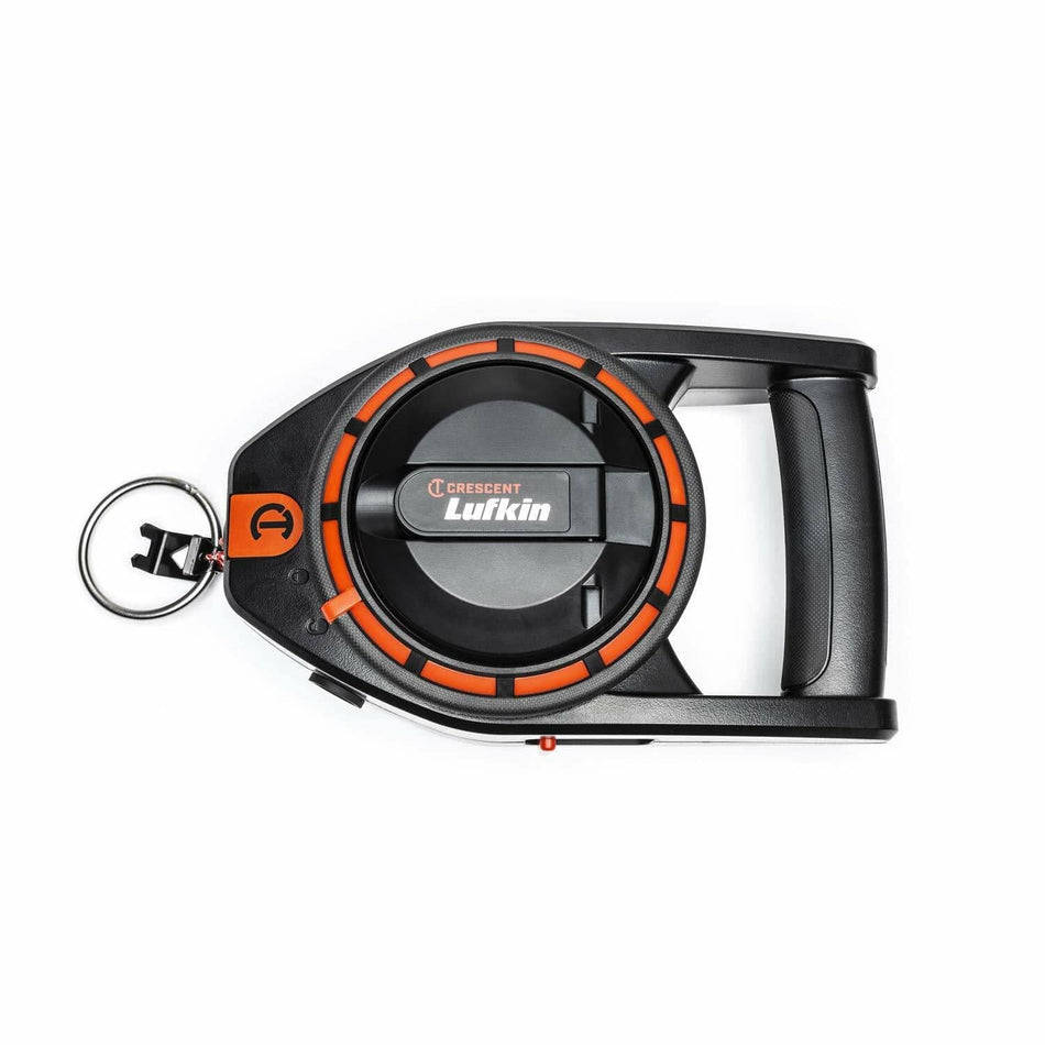 A top-down studio shot of the Crescent Lufkin 150-foot construction chalk reel, model CL150, showing its black and orange body, D-handle, and nested end hook.