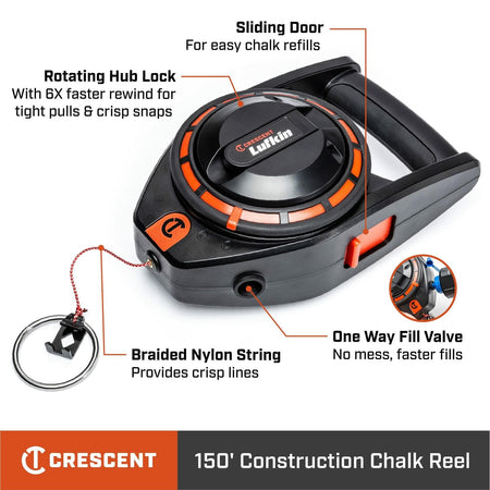 An informational graphic of the Crescent Lufkin 150-foot chalk reel with callouts pointing to key features: "Rotating Hub Lock," "Sliding Door," "One Way Fill Valve," and "Braided Nylon String."