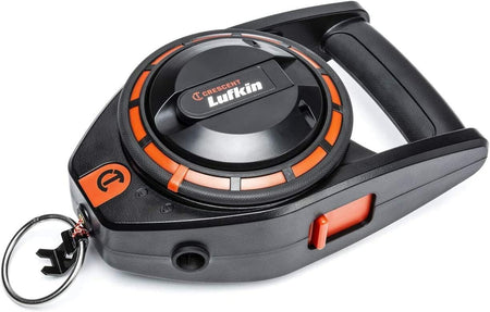 A three-quarter studio shot of the Crescent Lufkin 150-foot construction chalk reel with its combo hook/ring nested in the docking port.