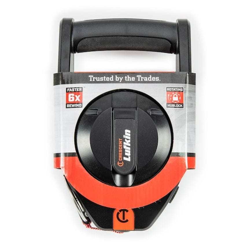 A top-down view of the Crescent Lufkin 150-foot chalk reel in its retail packaging, highlighting the "6X FASTER REWIND" and "ROTATING HUB LOCK" features.