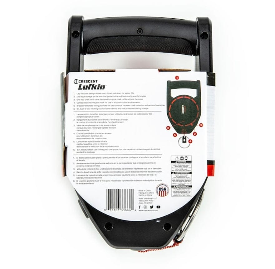 The back of the retail packaging for the Crescent Lufkin 150-foot chalk reel, detailing its features in English, French, and Spanish.