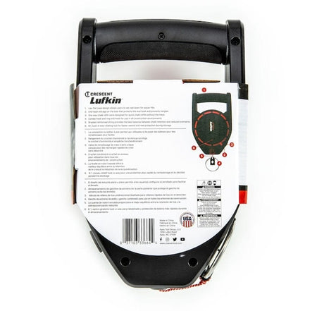 The back of the retail packaging for the Crescent Lufkin 150-foot chalk reel, detailing its features in English, French, and Spanish.