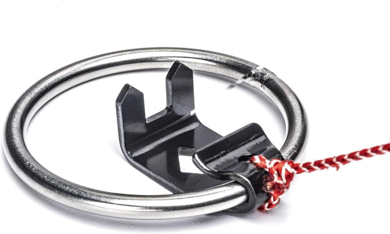 A close-up studio shot of the versatile combo hook and ring end hook attached to the red and white braided line of the Crescent Lufkin chalk reel.