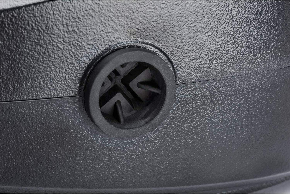 A detailed close-up of the black rubber one-way fill valve on the Crescent Lufkin chalk reel, designed for mess-free refills.