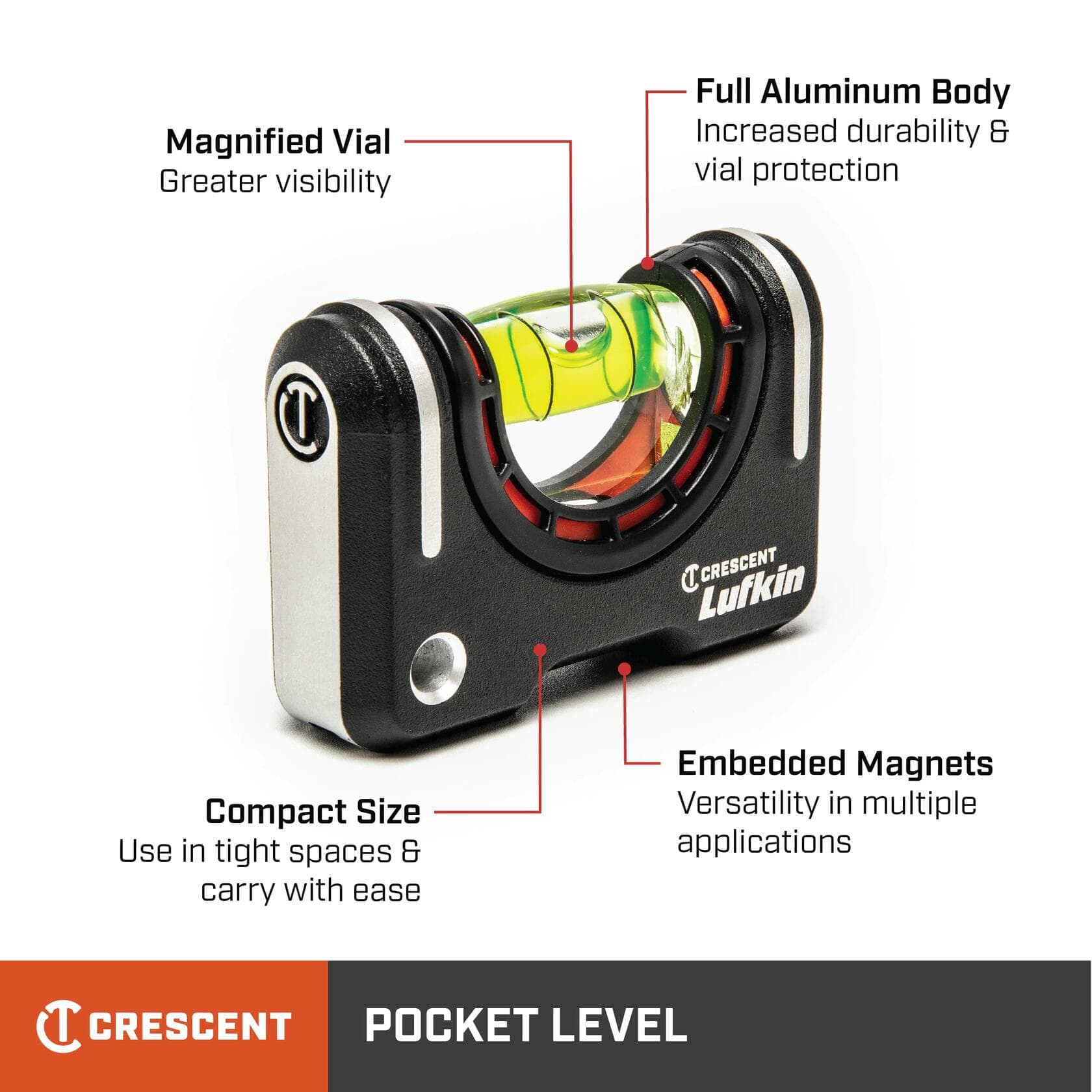 An informational graphic of the Crescent Lufkin pocket level, with callouts pointing to key features: "Magnified Vial," "Full Aluminum Body," "Compact Size," and "Embedded Magnets."