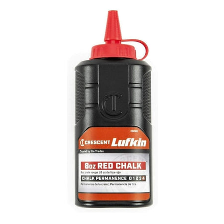 A studio shot of the Crescent Lufkin 8 oz red chalk refill bottle, model CB08R, showing its black body, red easy-fill nozzle, and front label.