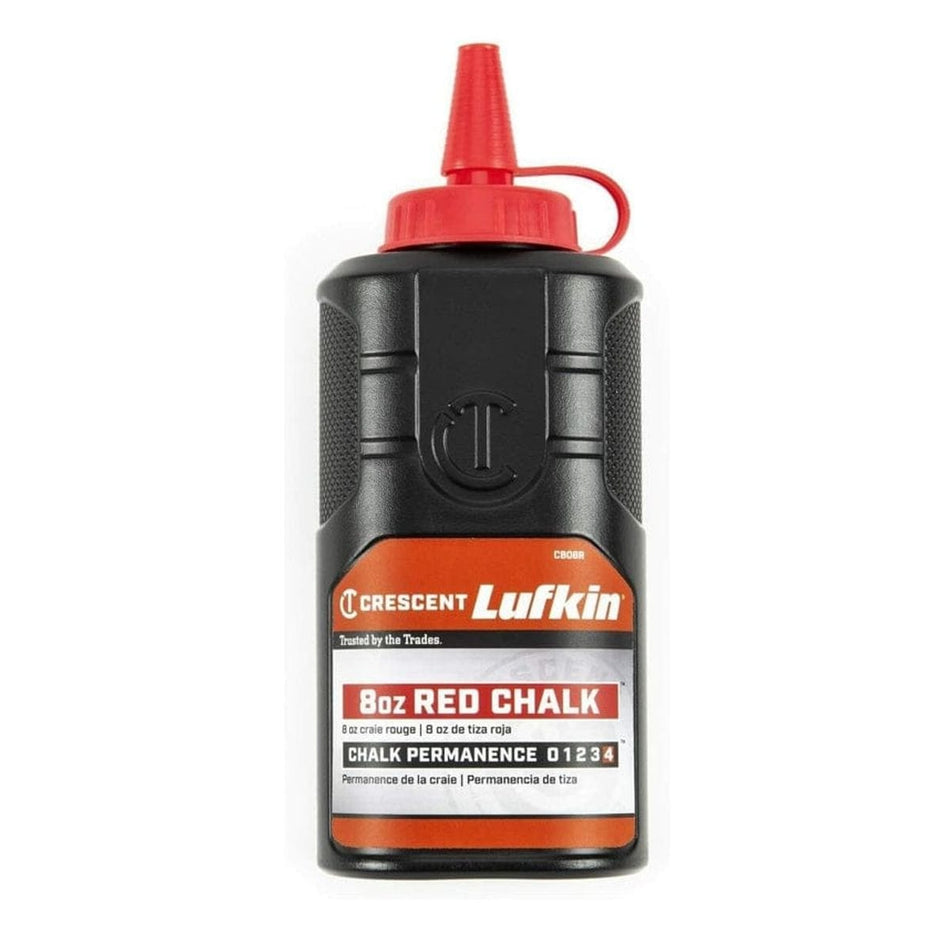 A studio shot of the Crescent Lufkin 8 oz red chalk refill bottle, model CB08R, showing its black body, red easy-fill nozzle, and front label.