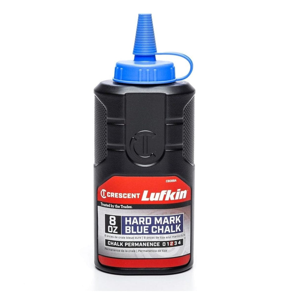 An 8 oz bottle of Crescent Lufkin CB08BA HardMark Blue high-visibility marking chalk featuring an anti-roll bottle design and easy-fill top for quick chalk reel refills.