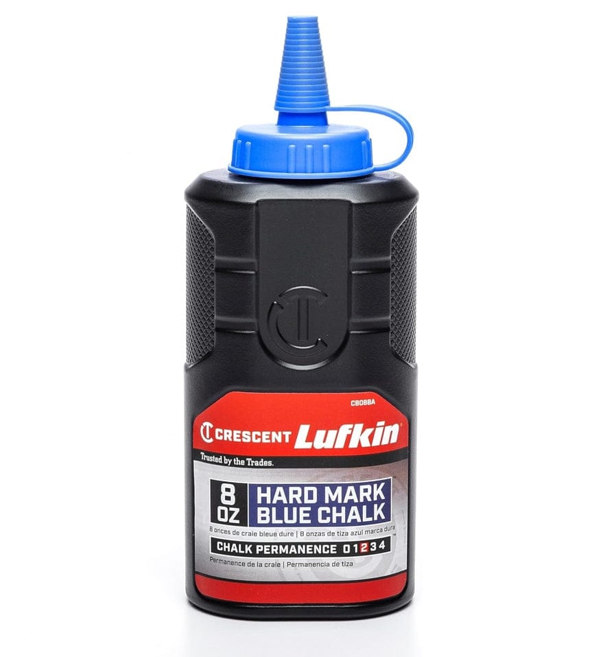 An 8 oz bottle of Crescent Lufkin CB08BA HardMark Blue high-visibility marking chalk featuring an anti-roll bottle design and easy-fill top for quick chalk reel refills.