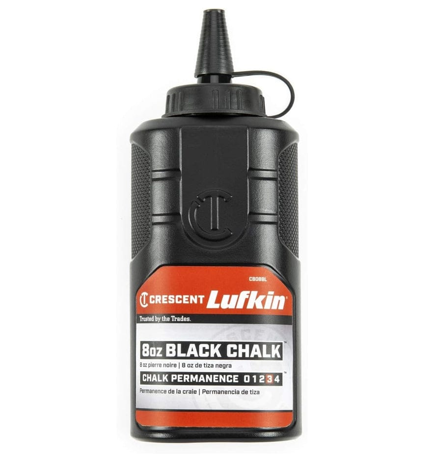 Studio shot of the front of the black squeeze bottle featuring a tapered nozzle and a label displaying "Crescent Lufkin 8oz BLACK CHALK" with a permanence rating of 4 indicated in red.