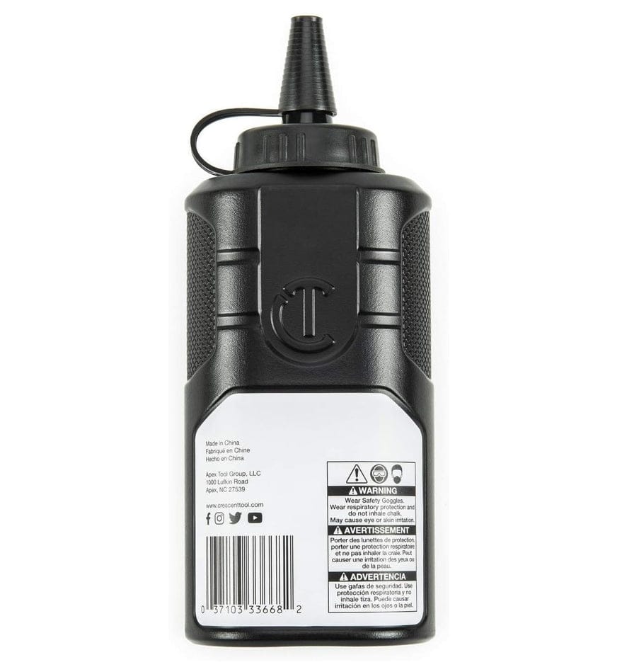 Back view of the black chalk bottle showing the textured side grips, the embossed Crescent "C" logo, and the rear label with safety warnings and barcode.