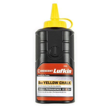 Studio shot of the front of the black squeeze bottle featuring a yellow tapered nozzle and a label displaying "Crescent Lufkin 8oz YELLOW CHALK" with a permanence rating of 2 indicated in orange.