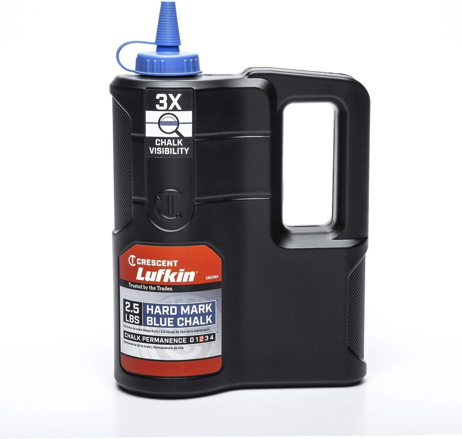Studio shot of the 2.5-pound bulk black bottle with a built-in handle and blue nozzle, featuring the Crescent Lufkin label reading "Hard Mark Blue Chalk" and "3X Chalk Visibility".