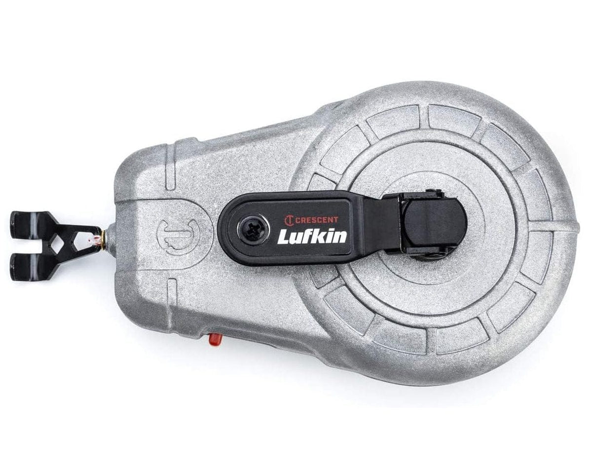 Top-down view of a Crescent Lufkin CLA100AB 100-foot aluminum chalk reel featuring a heavy-duty cast metal body, black retrieval crank handle, and a metal end hook for professional layout marking.