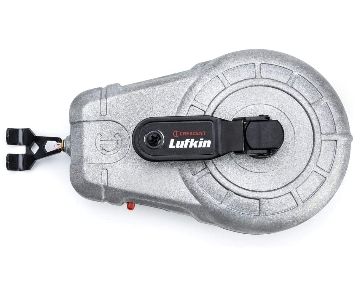 Top-down view of a Crescent Lufkin CLA100AB 100-foot aluminum chalk reel featuring a heavy-duty cast metal body, black retrieval crank handle, and a metal end hook for professional layout marking.
