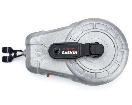 Top-down view of a Crescent Lufkin CLA100AB 100-foot aluminum chalk reel featuring a heavy-duty cast metal body, black retrieval crank handle, and a metal end hook for professional layout marking.