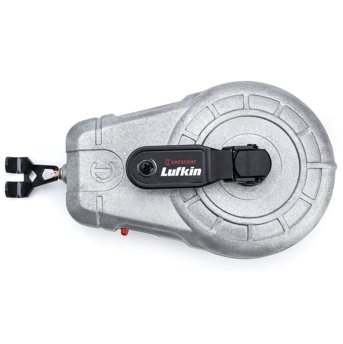 Top-down view of a Crescent Lufkin CLA100AB 100-foot aluminum chalk reel featuring a heavy-duty cast metal body, black retrieval crank handle, and a metal end hook for professional layout marking.